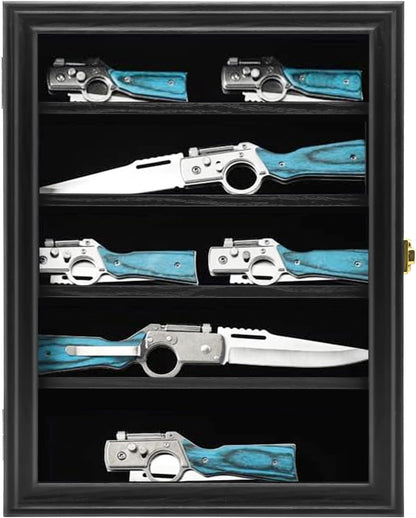 Knife Display Case with Lockable 98% UV Protection Acrylic Door, Wall Mount Wooden Military Folding Knife Display Stand, Pocket Knife Display Cases for Storage, Collection, Black Finish