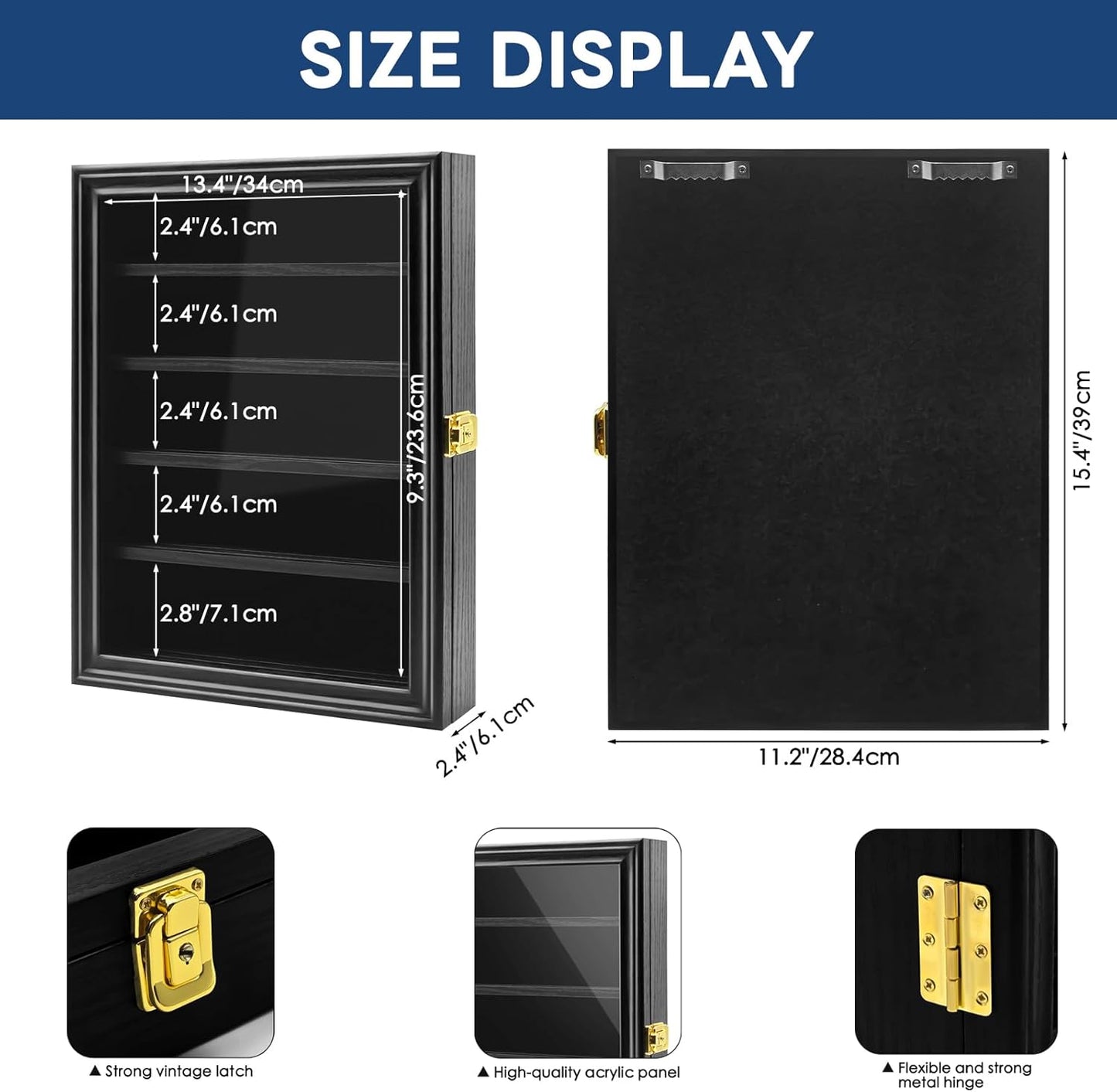Knife Display Case with Lockable 98% UV Protection Acrylic Door, Wall Mount Wooden Military Folding Knife Display Stand, Pocket Knife Display Cases for Storage, Collection, Black Finish