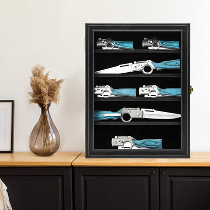 Knife Display Case with Lockable 98% UV Protection Acrylic Door, Wall Mount Wooden Military Folding Knife Display Stand, Pocket Knife Display Cases for Storage, Collection, Black Finish