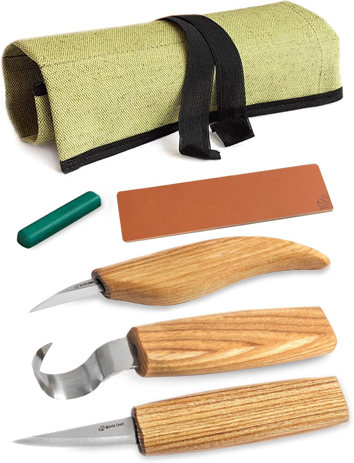 Wood Spoon Carving Tools Kit S17 with Wood Carving Hook Knife & Sloyd, Chip Whittling Knives for Spoon Carvers - Whittling Tools Set with Knife Leather Strop Polishing Compound, Tool Case