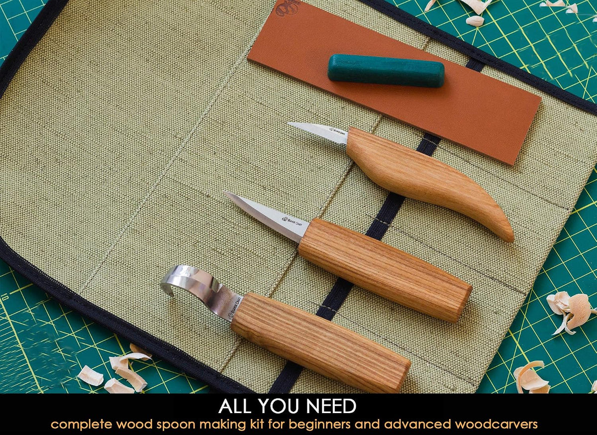 Wood Spoon Carving Tools Kit S17 with Wood Carving Hook Knife & Sloyd, Chip Whittling Knives for Spoon Carvers - Whittling Tools Set with Knife Leather Strop Polishing Compound, Tool Case
