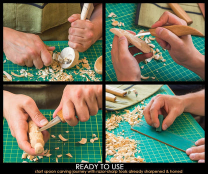 Wood Spoon Carving Tools Kit S17 with Wood Carving Hook Knife & Sloyd, Chip Whittling Knives for Spoon Carvers - Whittling Tools Set with Knife Leather Strop Polishing Compound, Tool Case