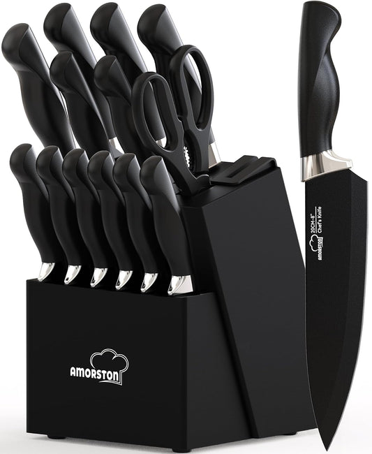 Knife Set, 15 Piece Kitchen Knife Set with Block and Built in Sharpener, German Stainless Steel Dishwasher Safe Knife Block Set, Black Kitchen Knives Set for Home Cooking