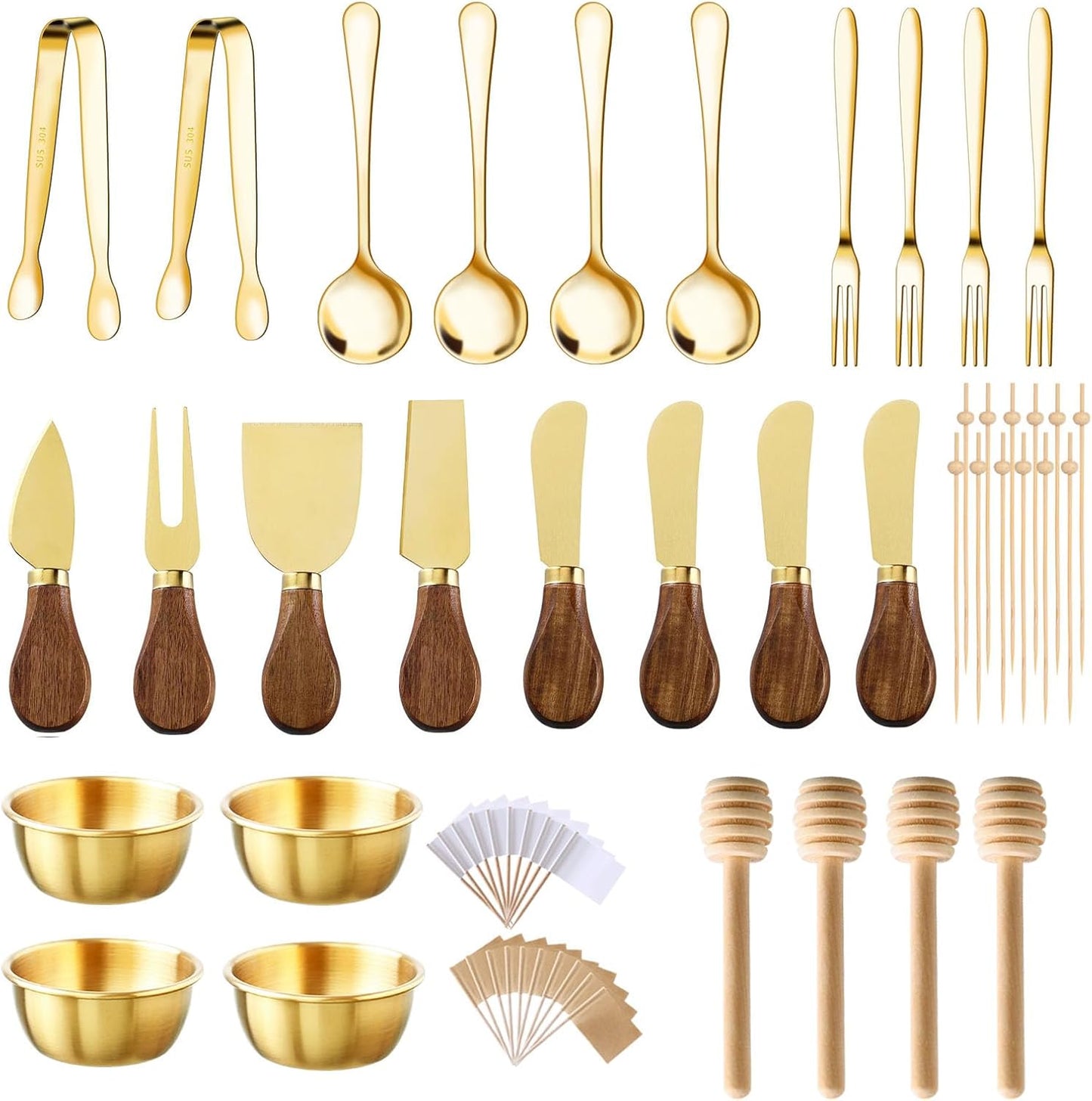 46Pcs Charcuterie Boards Accessories Small Serving Utensil Set Cheese Butter Spreader Knives Mini Stainless Steel Cutlery Tong Spoon Fork Bowl Wooden Toothpick for Kitchen Wedding Christmas Gift(Gold)