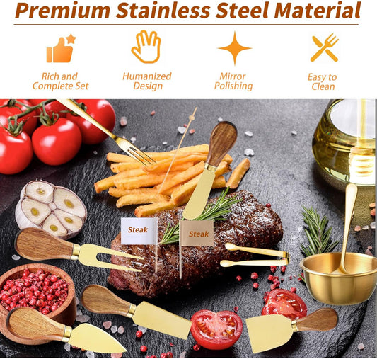 46Pcs Charcuterie Boards Accessories Small Serving Utensil Set Cheese Butter Spreader Knives Mini Stainless Steel Cutlery Tong Spoon Fork Bowl Wooden Toothpick for Kitchen Wedding Christmas Gift(Gold)