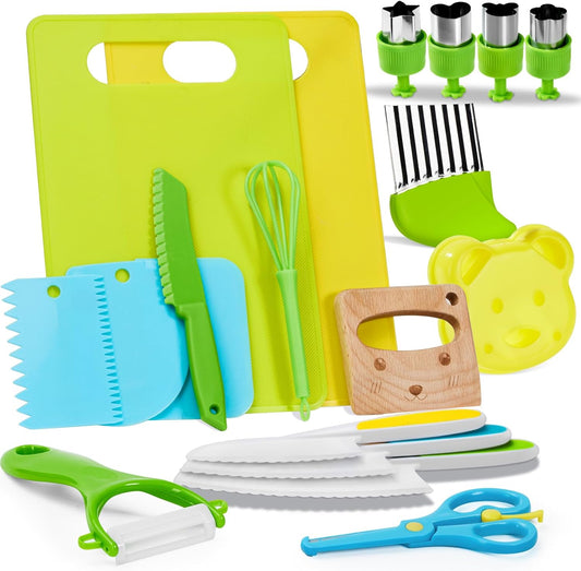 Kids Safe Knife Set for Real Cooking | 19-Piece Toddler Knife Cooking Set | Montessori Kitchen Tools Toys Ages 3–12 | BPA-Free, Dishwasher-Safe | Christmas, Birthday, Stocking Stuffer Gifts