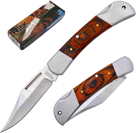 3.75" Spanish Brown Wood Handle Pocket Knife, Lockback Traditional Folding Knife with Stainless Steel Blade for Outdoor, Survival, EDC, Camping, and Every Day Carry, Gifts for Men