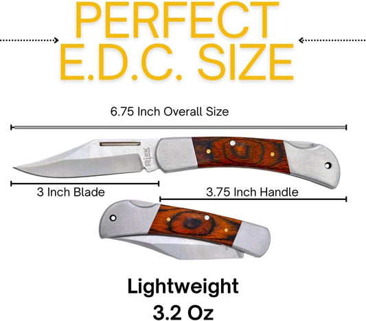 3.75" Spanish Brown Wood Handle Pocket Knife, Lockback Traditional Folding Knife with Stainless Steel Blade for Outdoor, Survival, EDC, Camping, and Every Day Carry, Gifts for Men