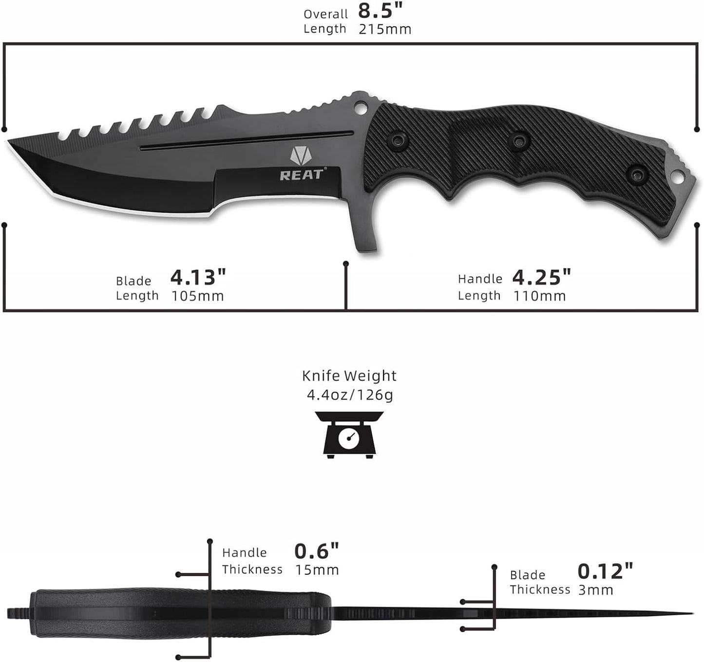 REAT Fixed Blade Knife with Sheath, 4.1" 440C Steel Blade with Full Tang Design,Ergonomic ABS Plastic Handle, EDC Sharp Hunting Knife,Tactical Knife for Camping,Survival,Bushcraft,Hiking
