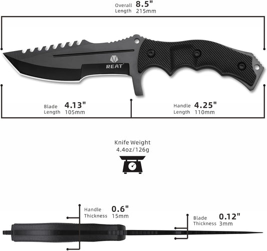 REAT Fixed Blade Knife with Sheath, 4.1" 440C Steel Blade with Full Tang Design,Ergonomic ABS Plastic Handle, EDC Sharp Hunting Knife,Tactical Knife for Camping,Survival,Bushcraft,Hiking