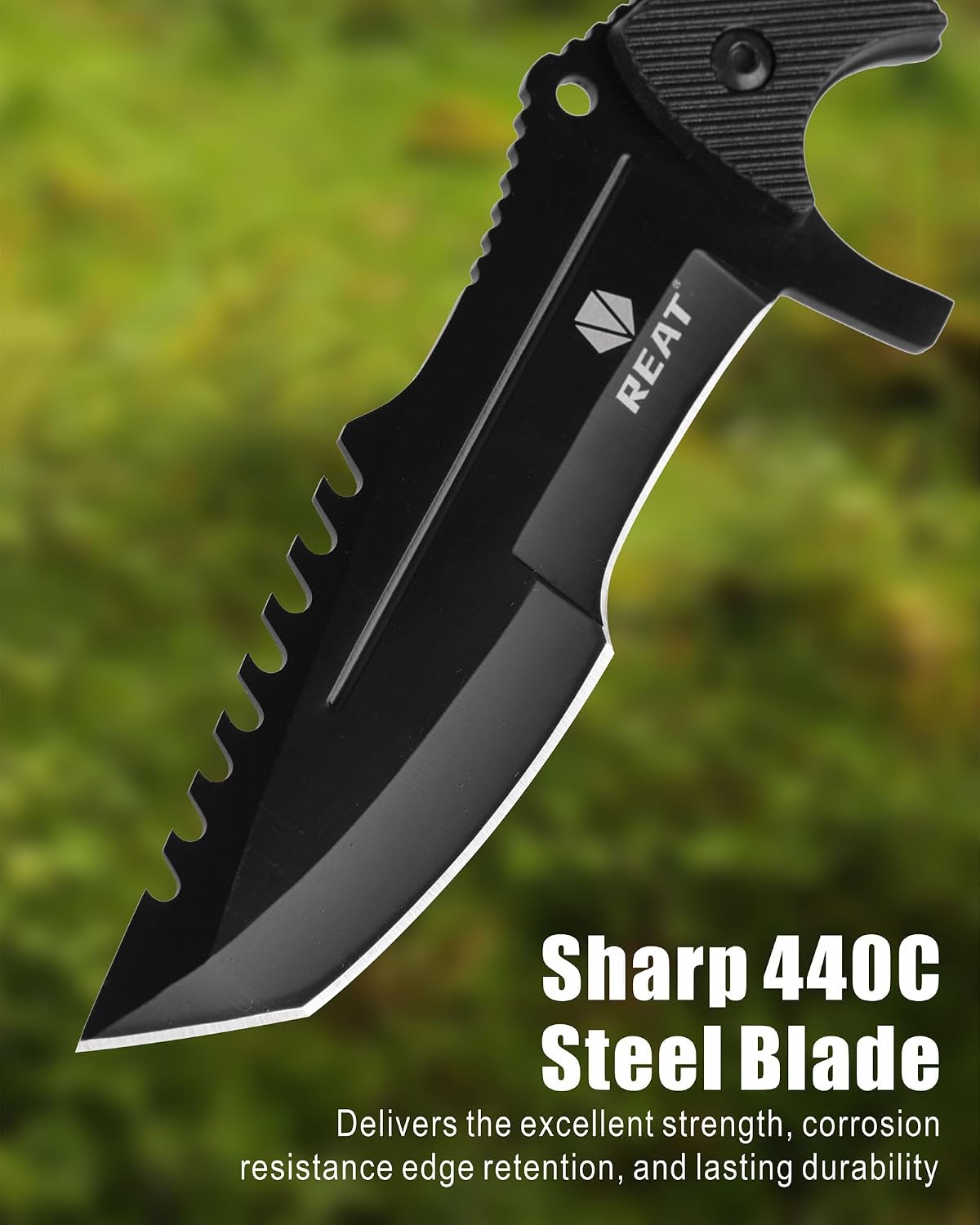 REAT Fixed Blade Knife with Sheath, 4.1" 440C Steel Blade with Full Tang Design,Ergonomic ABS Plastic Handle, EDC Sharp Hunting Knife,Tactical Knife for Camping,Survival,Bushcraft,Hiking