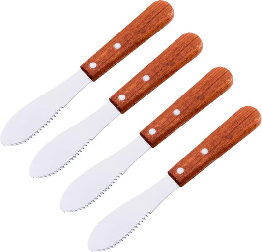 8" Stainless Steel Straight Edge Butter Cheese Cream Sandwich Condiment Spreader Knives with Wood Handle for Kitchen Tools, Cooking Utensil, Event Guest Serving (4 Pack)