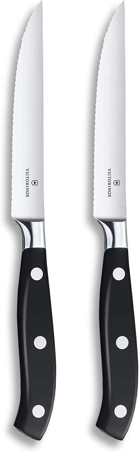 Grand Maitre Steak Knives - Premium Meat Knives with Ergonomic Handle - Modern Kitchen Accessories - Black Handle, Serrated Edge, 2-Piece Set