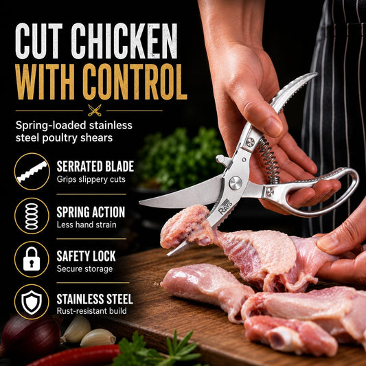 Heavy Duty Poultry Shears, Spring Loaded Kitchen Scissors for Chicken, Turkey, Meat & Fish, Stainless Steel Meat Scissors & Chicken Bone Cutter, Dishwasher Safe with Safety Lock & Gift Box