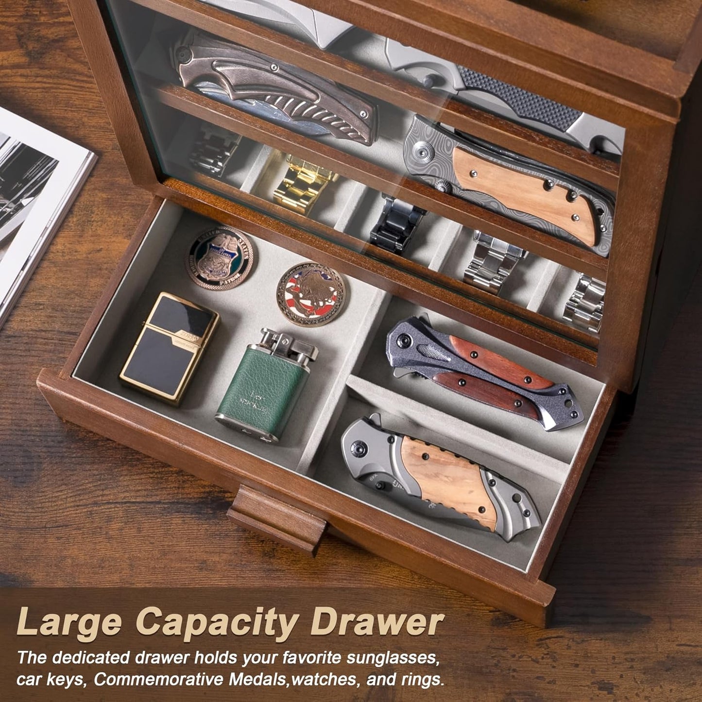Pocket Knife Display Case for 25 Knives, Large Wooden knife Cases for Collections, Vertical Knife Storage Case with Acrylic transparent panel for Men Gifts (Walnut)