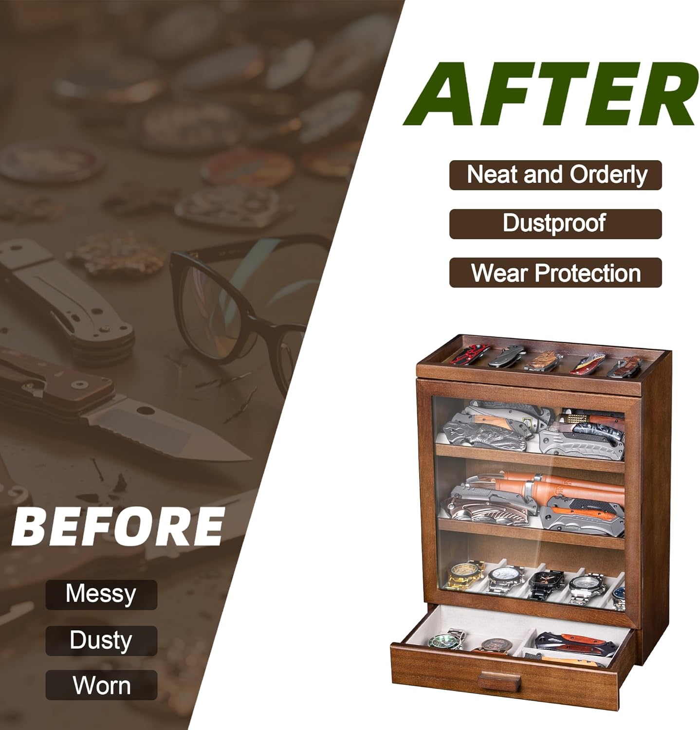 Pocket Knife Display Case for 25 Knives, Large Wooden knife Cases for Collections, Vertical Knife Storage Case with Acrylic transparent panel for Men Gifts (Walnut)