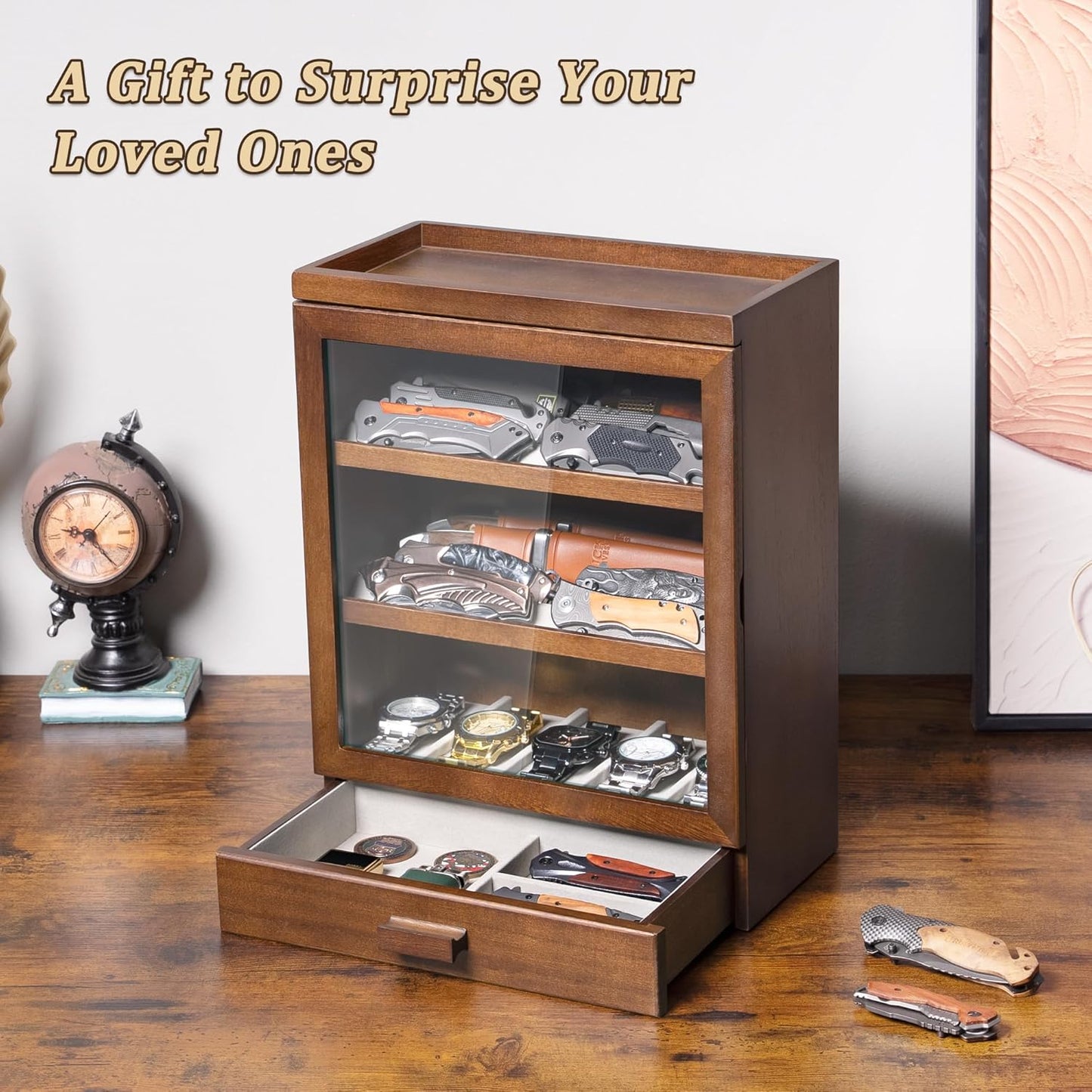 Pocket Knife Display Case for 25 Knives, Large Wooden knife Cases for Collections, Vertical Knife Storage Case with Acrylic transparent panel for Men Gifts (Walnut)
