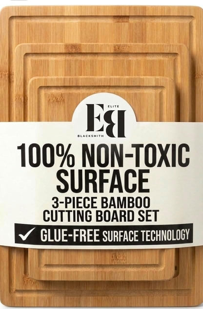 Bamboo Cutting Board Set of 3 (15"×10", 12"×8", 9"×6") – Crack Resistant Boards with Deep Juice Grooves, Handles & Care Guide – Butcher Block for Meat, Veggie & Charcuterie Board