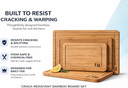 Bamboo Cutting Board Set of 3 (15"×10", 12"×8", 9"×6") – Crack Resistant Boards with Deep Juice Grooves, Handles & Care Guide – Butcher Block for Meat, Veggie & Charcuterie Board