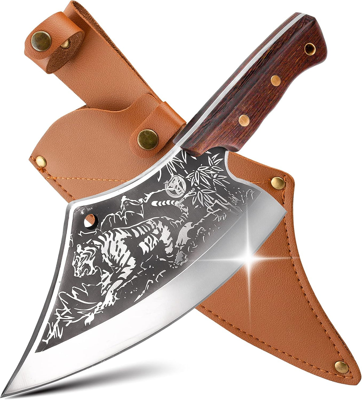 Meat Cutting Cleaver, Japanese Style Viking Kitchen Boning Knives with Sheath, Forged Butcher Deboning curved blade with Tiger Pattern, for Home and Restaurant - Premium Gift