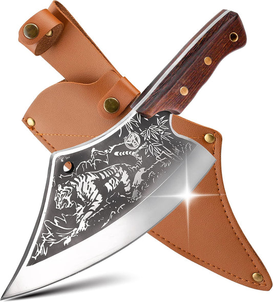 Meat Cutting Cleaver, Japanese Style Viking Kitchen Boning Knives with Sheath, Forged Butcher Deboning curved blade with Tiger Pattern, for Home and Restaurant - Premium Gift