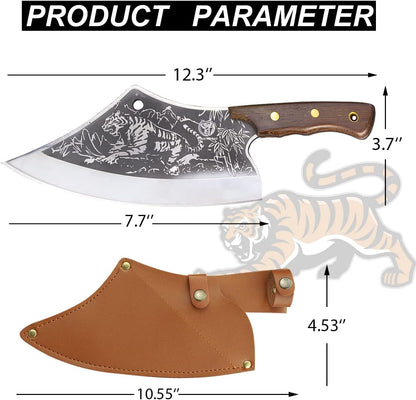Meat Cutting Cleaver, Japanese Style Viking Kitchen Boning Knives with Sheath, Forged Butcher Deboning curved blade with Tiger Pattern, for Home and Restaurant - Premium Gift