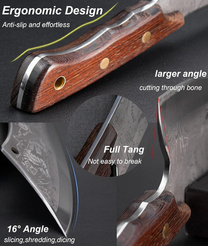 Meat Cutting Cleaver, Japanese Style Viking Kitchen Boning Knives with Sheath, Forged Butcher Deboning curved blade with Tiger Pattern, for Home and Restaurant - Premium Gift