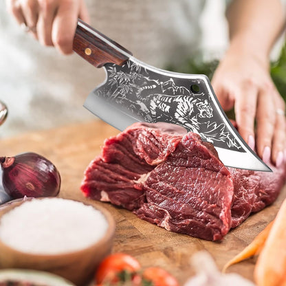 Meat Cutting Cleaver, Japanese Style Viking Kitchen Boning Knives with Sheath, Forged Butcher Deboning curved blade with Tiger Pattern, for Home and Restaurant - Premium Gift