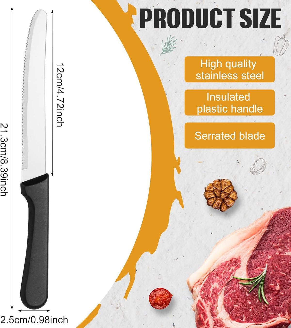 200 Pcs Steak Knives 8.39 Inches Stainless Steel Serrated Blade Steak Knives Set with Round Tip Plastic Handle for Restaurant Kitchen, 4.72 Inch Blade