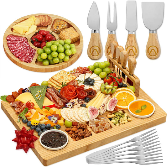 Charcuterie Boards Cheese Board Deluxe Gift Set - 15 Pieces, Bamboo - Large Size Plus Fruit Tray with Magnetic Cheese Knives Holder, Fruit Forks for Birthday Present, Housewarming, Wedding Shower