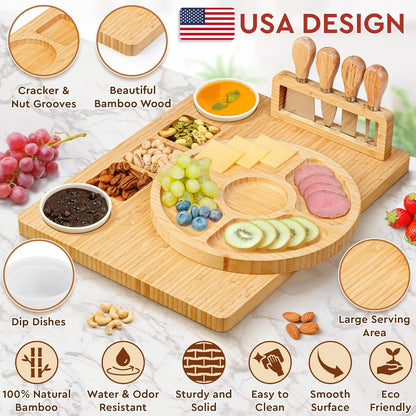 Charcuterie Boards Cheese Board Deluxe Gift Set - 15 Pieces, Bamboo - Large Size Plus Fruit Tray with Magnetic Cheese Knives Holder, Fruit Forks for Birthday Present, Housewarming, Wedding Shower