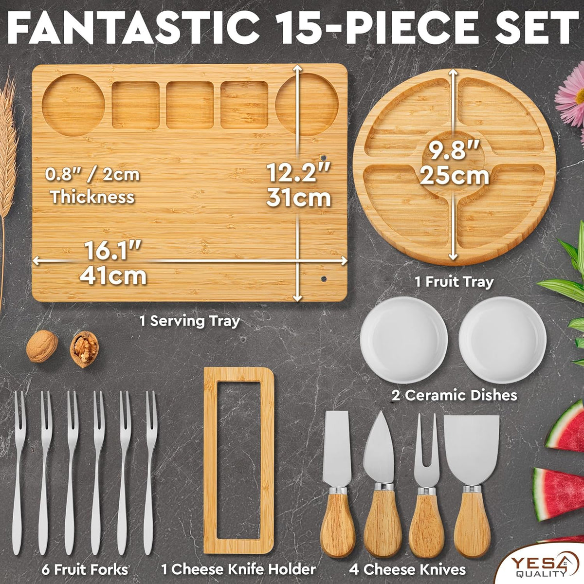 Charcuterie Boards Cheese Board Deluxe Gift Set - 15 Pieces, Bamboo - Large Size Plus Fruit Tray with Magnetic Cheese Knives Holder, Fruit Forks for Birthday Present, Housewarming, Wedding Shower