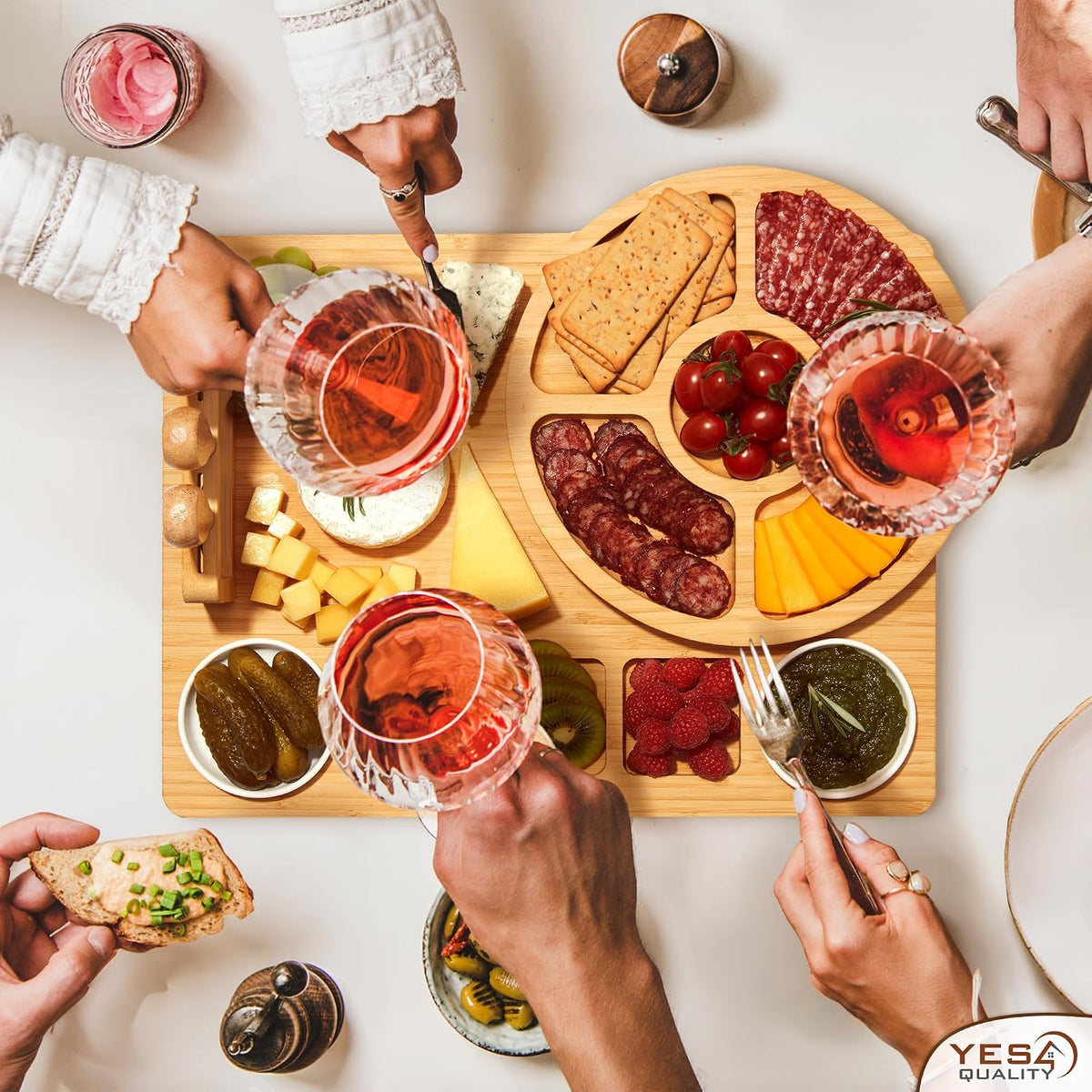 Charcuterie Boards Cheese Board Deluxe Gift Set - 15 Pieces, Bamboo - Large Size Plus Fruit Tray with Magnetic Cheese Knives Holder, Fruit Forks for Birthday Present, Housewarming, Wedding Shower
