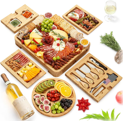 Charcuterie Boards Cheese Board Deluxe Gift Set - 15 Pieces, Bamboo - Large Size Plus Fruit Tray with Magnetic Cheese Knives Holder, Fruit Forks for Birthday Present, Housewarming, Wedding Shower