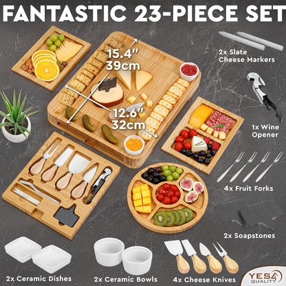 Charcuterie Boards Cheese Board Deluxe Gift Set - 15 Pieces, Bamboo - Large Size Plus Fruit Tray with Magnetic Cheese Knives Holder, Fruit Forks for Birthday Present, Housewarming, Wedding Shower