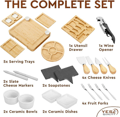 Charcuterie Boards Cheese Board Deluxe Gift Set - 15 Pieces, Bamboo - Large Size Plus Fruit Tray with Magnetic Cheese Knives Holder, Fruit Forks for Birthday Present, Housewarming, Wedding Shower