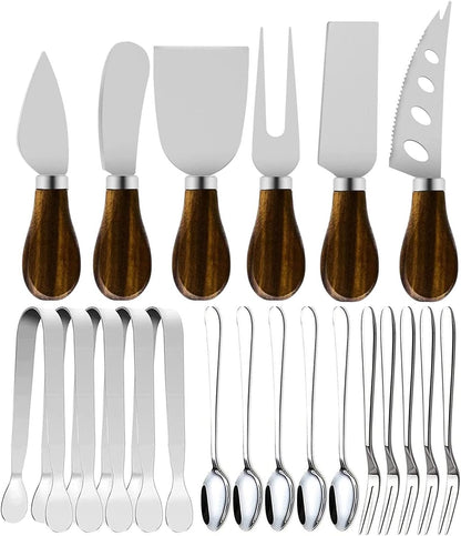 Cheese Butter Spreader Knife Set, Charcuterie Board Accessories Utensils,Stainless Steel with Walnut Wood Handel, Mini Serving Tongs Spoons Forks Set