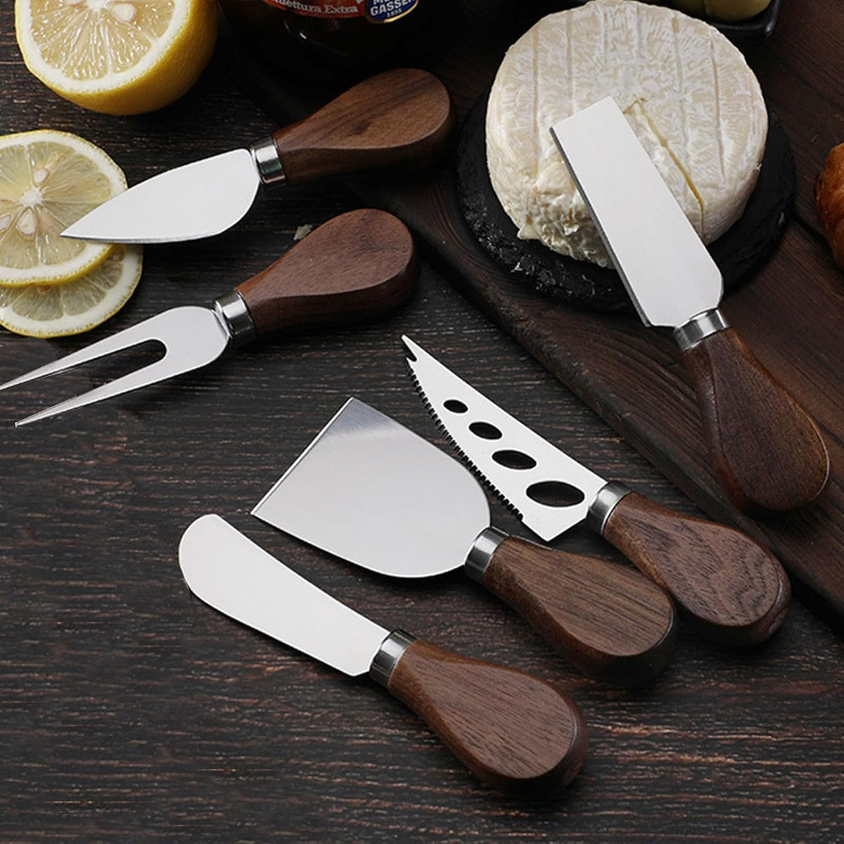 Cheese Butter Spreader Knife Set, Charcuterie Board Accessories Utensils,Stainless Steel with Walnut Wood Handel, Mini Serving Tongs Spoons Forks Set