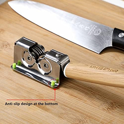 Kitchen Knife Sharpener Manual Knife Sharpener Stainless Steel Knives Sharpenering Tool with Ergonomic Handle and Wheel Silver