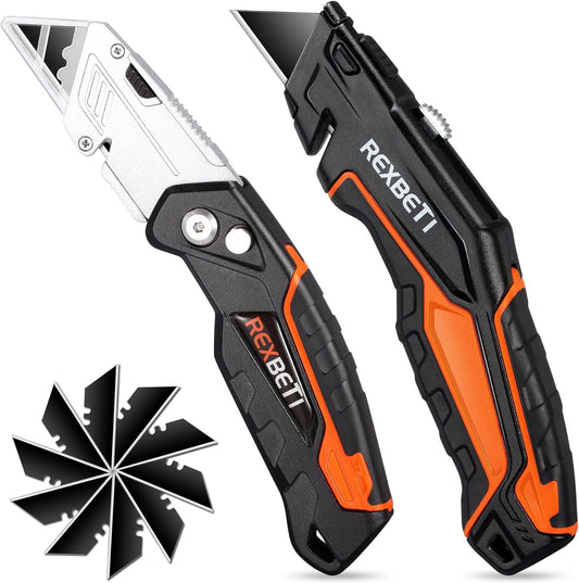 Box Cutter 2-Pack, Utility Knife with Blade Storage, 18 Blades | Folding Utility Knife with Push Button, Retractable Box Cutter with Auto-Lock, SK5 Anti-Rust Blades, Quick Change for Packing