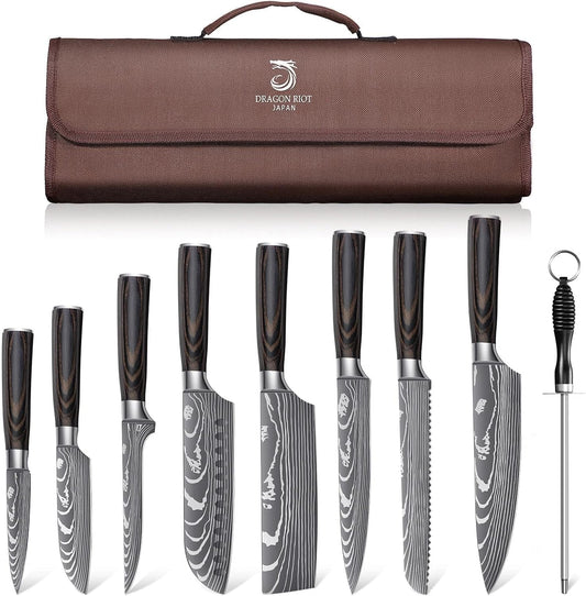 DRAGON ROIT Japanese Knives Set Damascus Pattern Chef Knife Set for Kitchen with Roll Bag, Sharp Stainless Kitchen Knife Set Brown Handle