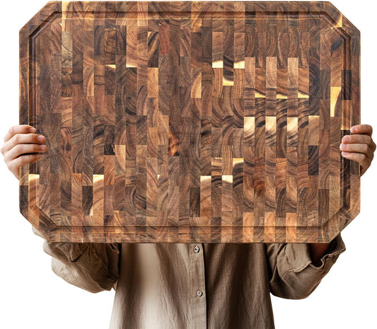 Large Acacia Cutting Board 22" x 16", Wood End Grain Butcher Block | with Juice Groove & Handles, Reversible Chopping Board for Meat, Vegetables, Charcuterie Tray for Fruit, Cheese, Thick 1.4"