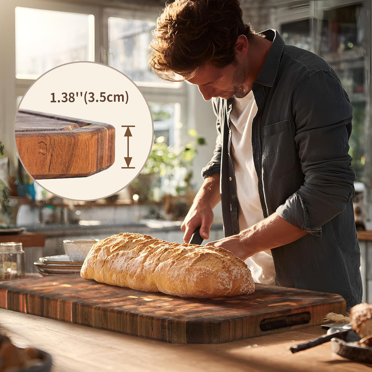 Large Acacia Cutting Board 22" x 16", Wood End Grain Butcher Block | with Juice Groove & Handles, Reversible Chopping Board for Meat, Vegetables, Charcuterie Tray for Fruit, Cheese, Thick 1.4"
