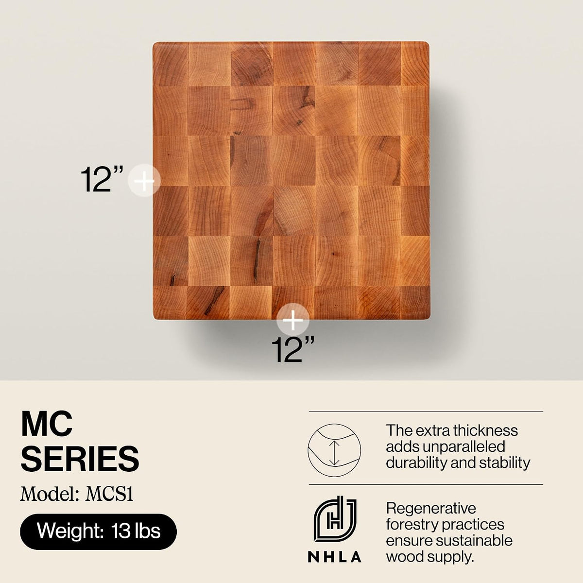 MC Series Square Wooden Maple Cutting Board 12”x12” – 3” Thick, 13-lb Non-Reversible Butcher Block with Raised Feet & End-Grain