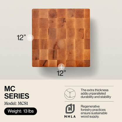 MC Series Square Wooden Maple Cutting Board 12”x12” – 3” Thick, 13-lb Non-Reversible Butcher Block with Raised Feet & End-Grain