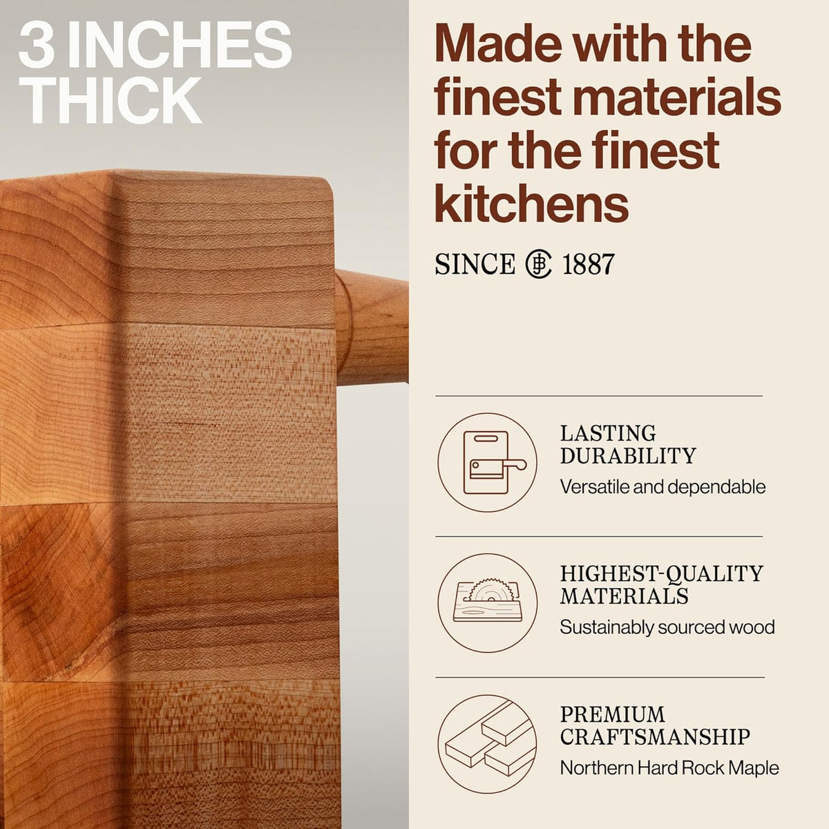 MC Series Square Wooden Maple Cutting Board 12”x12” – 3” Thick, 13-lb Non-Reversible Butcher Block with Raised Feet & End-Grain