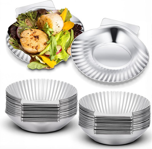 50 Pcs Grillable Shells Stainless Steel Reusable All Purpose | Grillable Large Scallop Shells Grilling Pan Baking Dish for Make Oysters Baked Clams Clam Scallop Seafood, 3.2 Inch