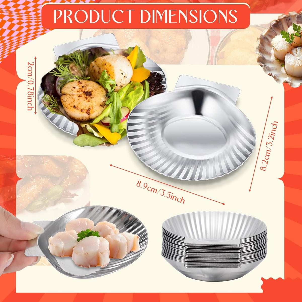 50 Pcs Grillable Shells Stainless Steel Reusable All Purpose | Grillable Large Scallop Shells Grilling Pan Baking Dish for Make Oysters Baked Clams Clam Scallop Seafood, 3.2 Inch