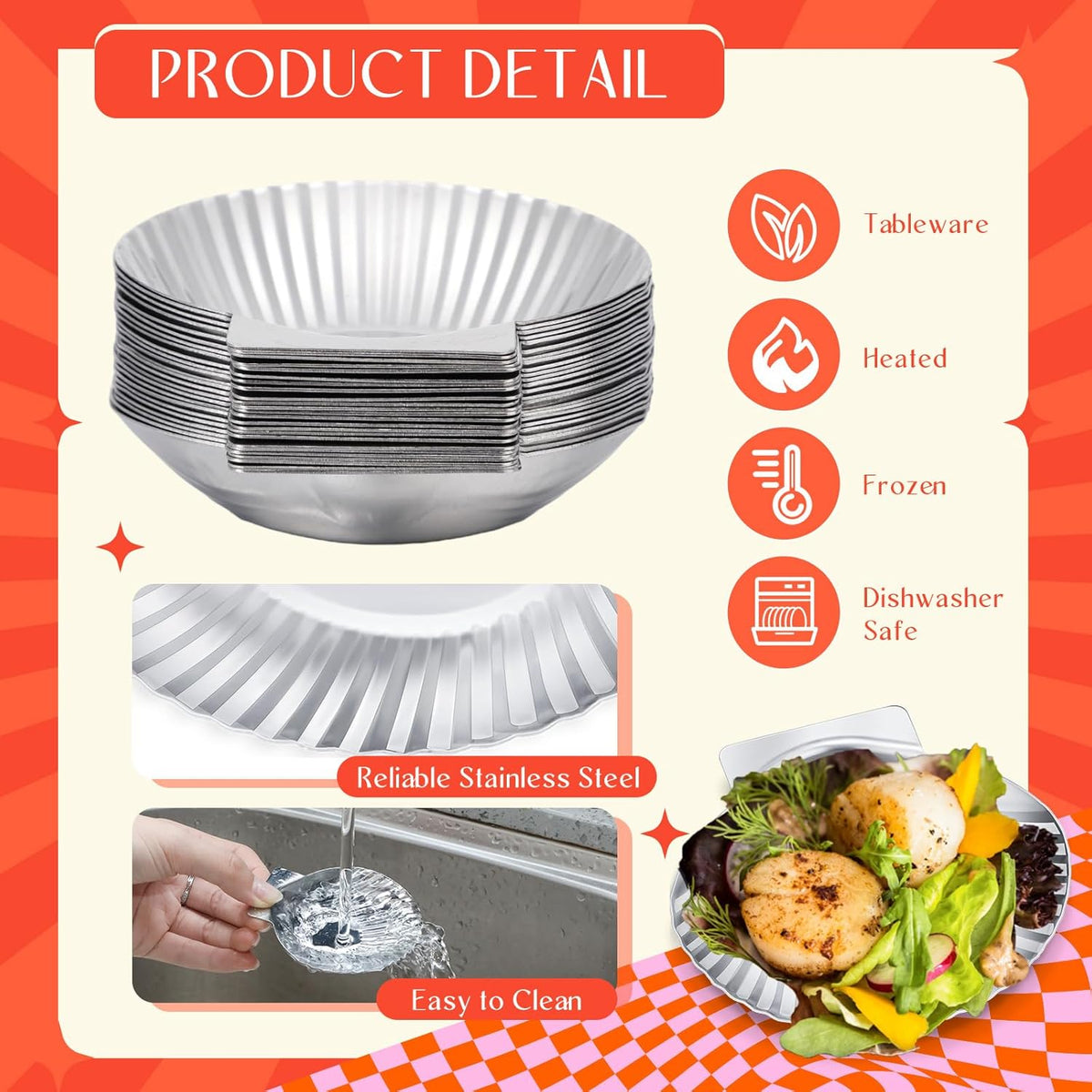 50 Pcs Grillable Shells Stainless Steel Reusable All Purpose | Grillable Large Scallop Shells Grilling Pan Baking Dish for Make Oysters Baked Clams Clam Scallop Seafood, 3.2 Inch
