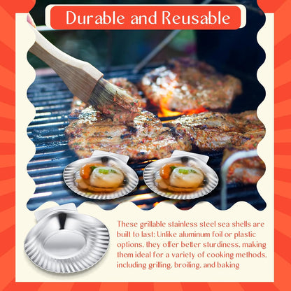 50 Pcs Grillable Shells Stainless Steel Reusable All Purpose | Grillable Large Scallop Shells Grilling Pan Baking Dish for Make Oysters Baked Clams Clam Scallop Seafood, 3.2 Inch
